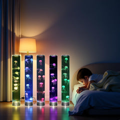 Lightahead LED Jellyfish Aqua Mood Lamp in-room decor creating tranquil oceanic ambiance.