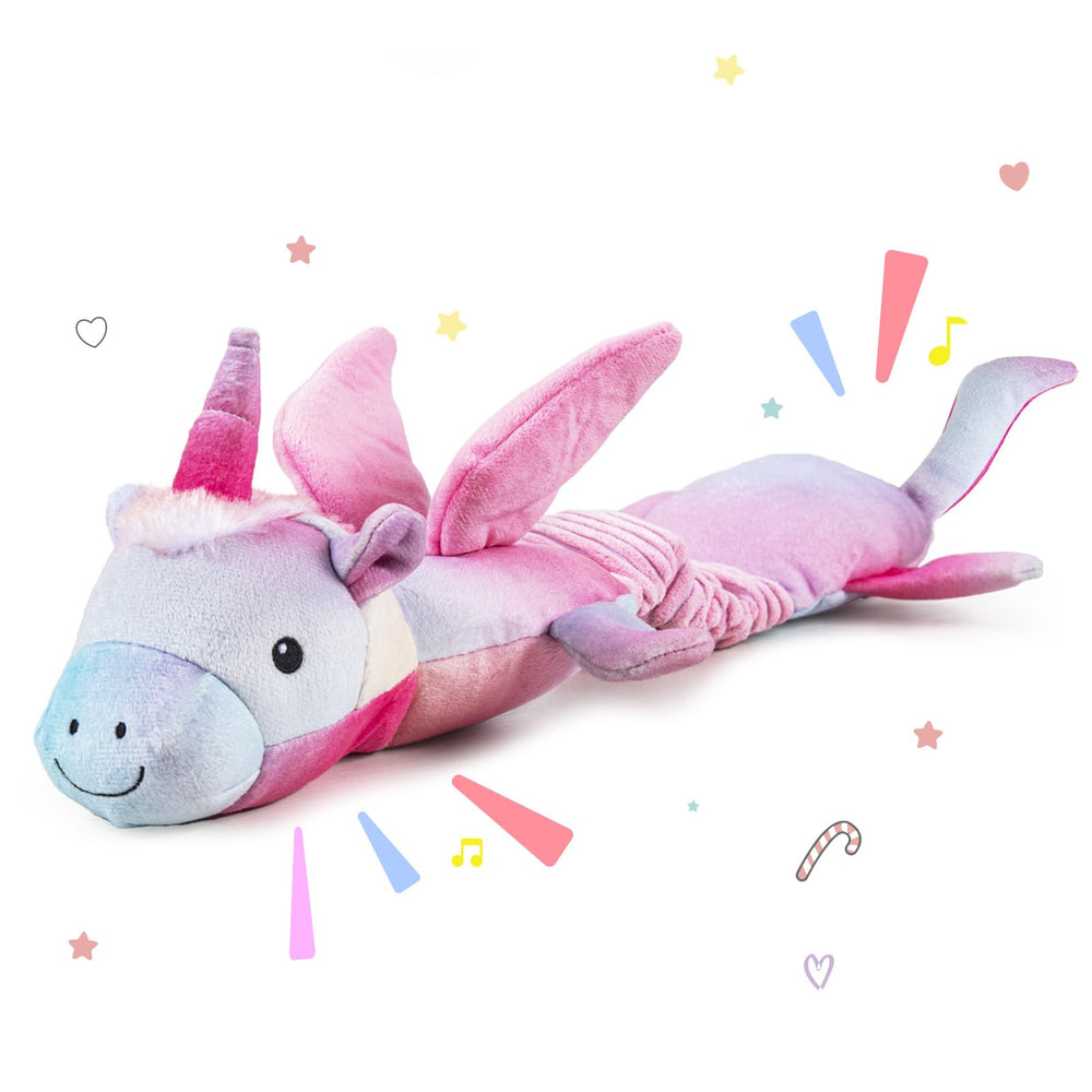 Lilfrd Squeaky Crinkle Plush Unicorn Dog Toy front view for engaging, durable play sessions.