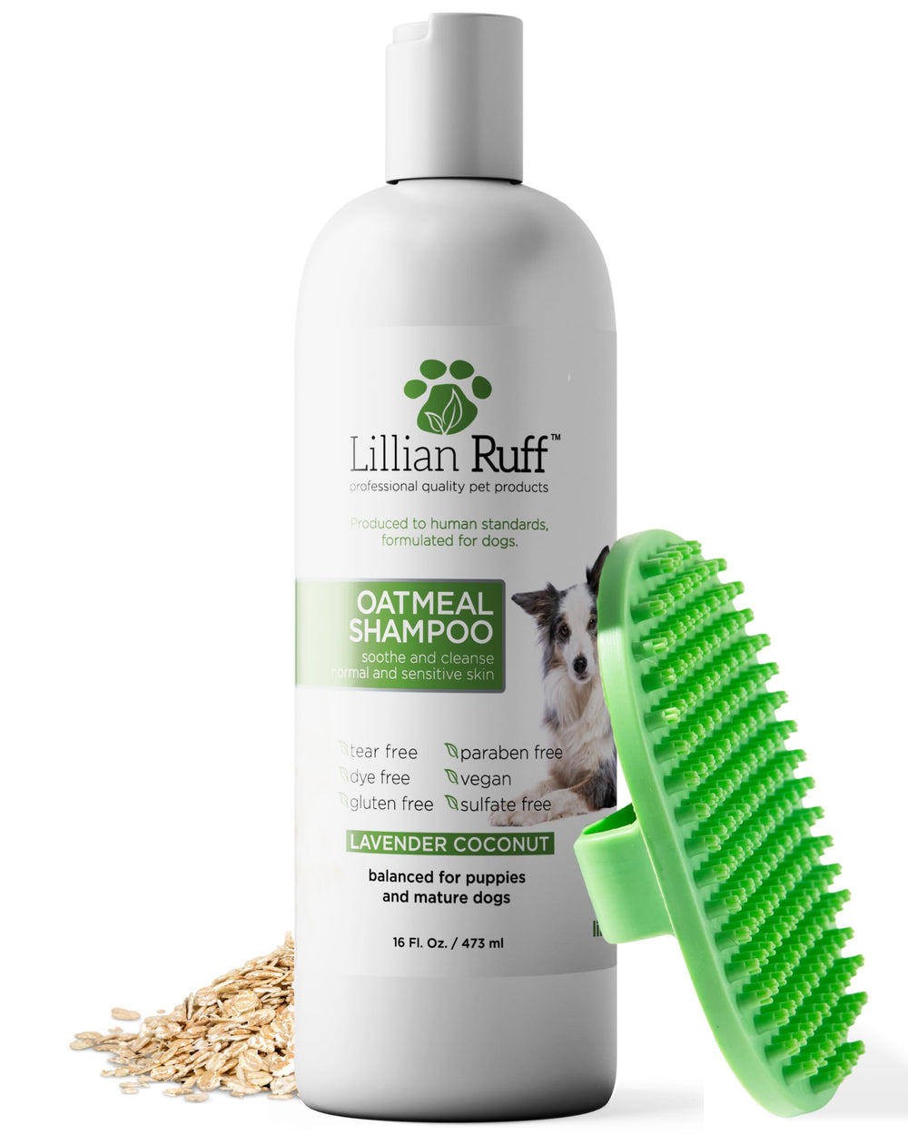 Lillian Ruff PRO formula deodorizing oatmeal shampoo bottle provides soothing wash for dry skin.