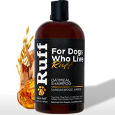 Lillian Ruff RUFF oatmeal shampoo sandalwood amber bottle with long-lasting scent for dogs.
