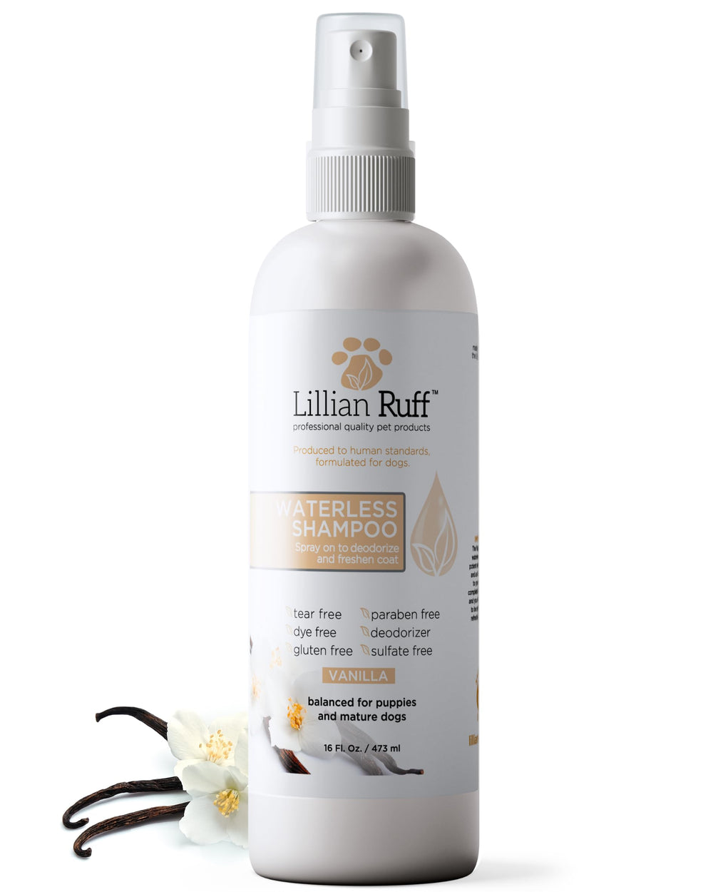 Lillian Ruff waterless dog shampoo bottle for quick grooming spray.