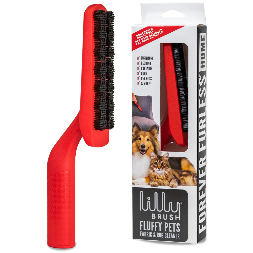 Lilly Brush Forever Furless on couch removes pet hair quickly for a clean living room.