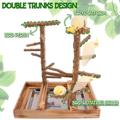 LIMIO Bird Playground stainless-cups on perch encourage convenient feeding during playtime.
