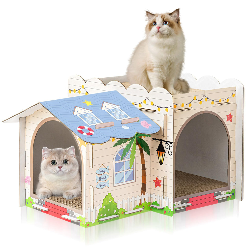 Lineshading 2-story cat house with beach design offers cozy multi-level retreat for small pets.