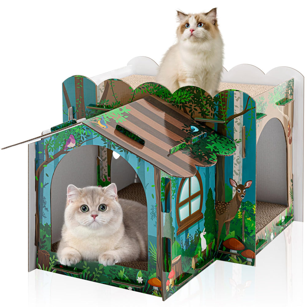 Lineshading forest cat house assembly view demonstrates quick setup and durable cardboard.
