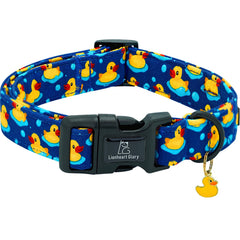 Lionheart glory ducky-pattern dog collar closeup, soft cotton for comfy daily wear.