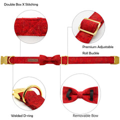 Lionheart Glory dog collar red bow flatlay highlighting adjustable strap and festive style