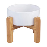 Lionwei ceramic elevated cat bowl with wood stand for mess-free feeding and proper posture.