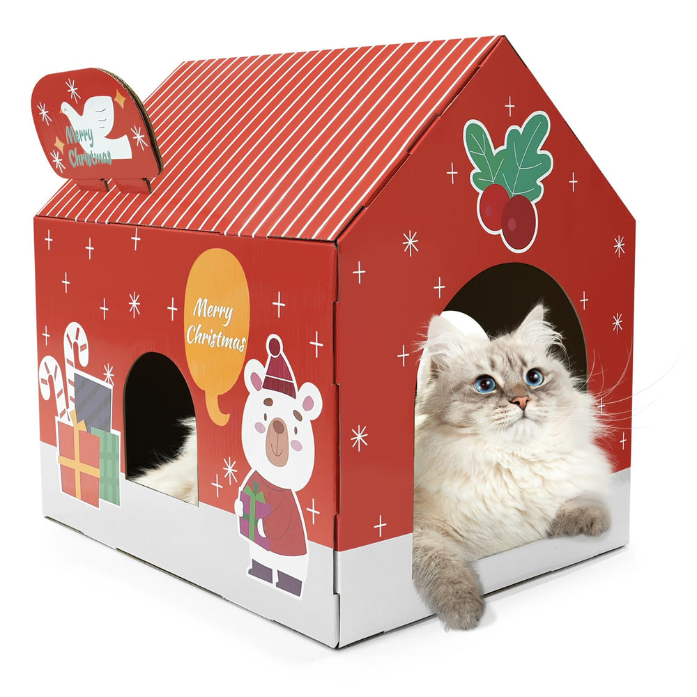 LIOOPET Christmas cardboard cat house with scratching pad ready for cozy naps