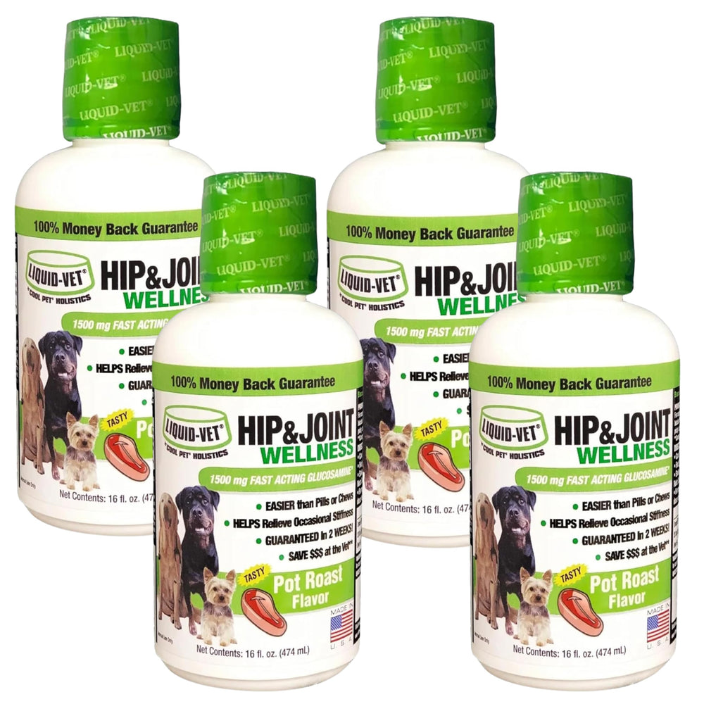 LIQUID-VET K9 Hip & Joint chicken bottle shown for easy daily dosing at mealtime