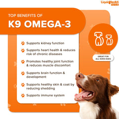 LIQUIDHEALTH K9 Omega 3 bottle highlights joint support for active dogs.