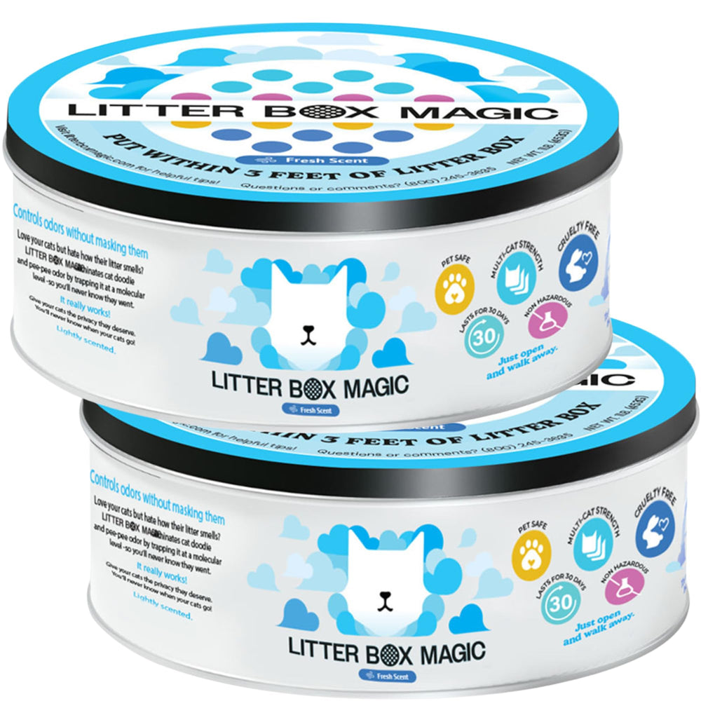 Litter Box Magic jar front view showing continuous odor control for litter rooms.