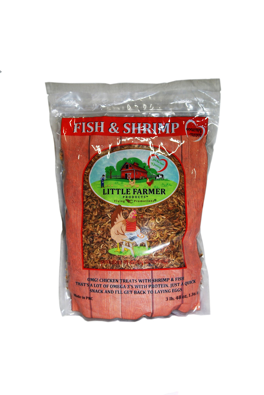 Little Farmer Fish & Shrimp treat packaging shown as premium poultry snack for protein.