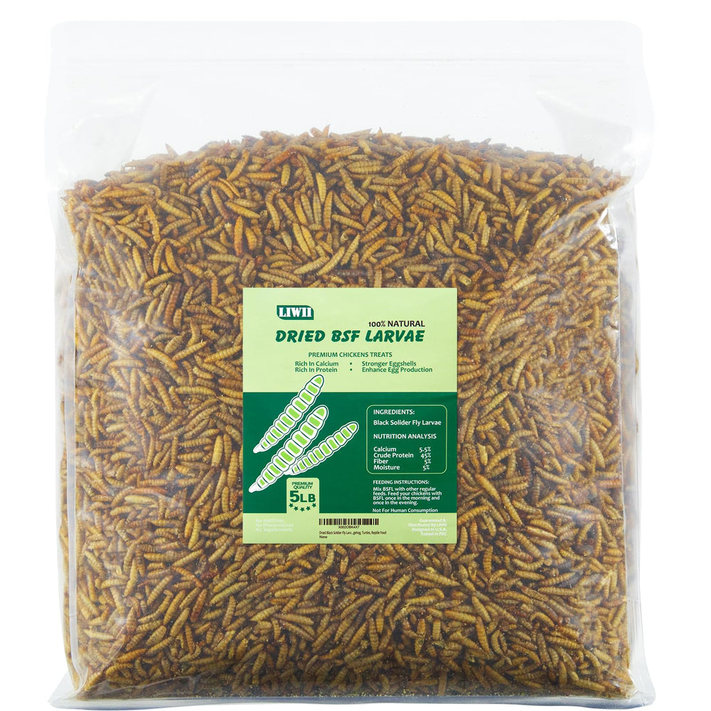 LIWII dried BSF larvae 5lb bulk pack provides affordable poultry protein for healthy flocks.