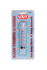Lixit clear-body 10ml syringe shows measurement markings for accurate feeding.