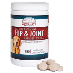 Lloyd & Lucy's hip and joint supplement bottle front with liver-flavored chews for dogs.