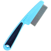 LLTGMV flea comb with rubber handle close-up showing comfortable grip for extended grooming sessions.