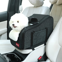 Loapooet center-console dog car seat side view showing secure installation for small pets