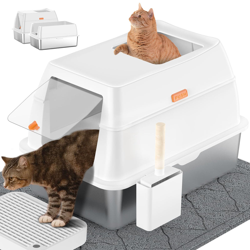 Lobeve stainless-steel litter box with lid offers a spacious, odor-controlled space for large cats.