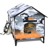 Lofkd heated cat house exterior demonstrates weatherproof outdoor warmth and rain resistance.
