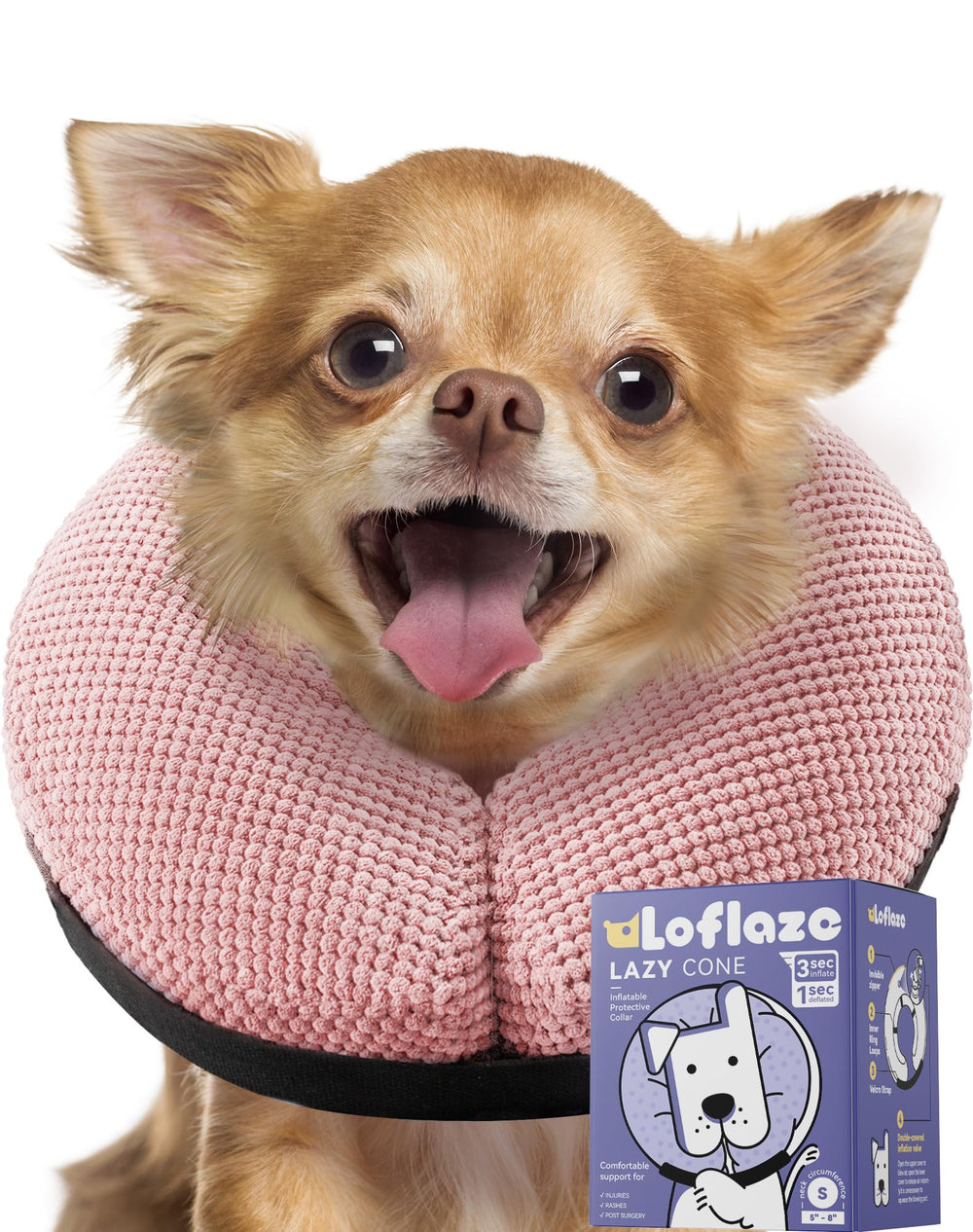 Loflaze soft inflatable dog cone side profile shows full vision and freedom of movement