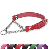 LOIIHEII dog collar leather martingale front view showing red color and secure fit for walking