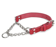 LOIIHEII dog collar leather martingale red with stainless steel chain detail for durability