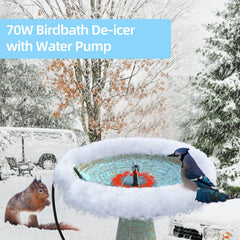 Lollyes bird bath heater with fountain pump creates gentle water spray in winter