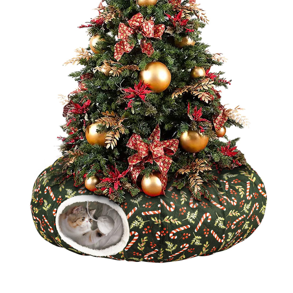 Lonepetu cat tunnel under tree donut in festive green inviting cozy playtime.