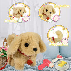 Lonfypeng plush dog barking feature adds realistic interaction for pretend pet care.