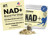 LongTails NAD+ senior dog supplement bottle pouring for energy support.