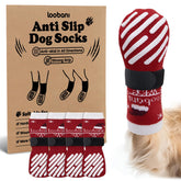 LOOBANI Christmas red dog socks shown on hardwood floor highlighting traction and grip.