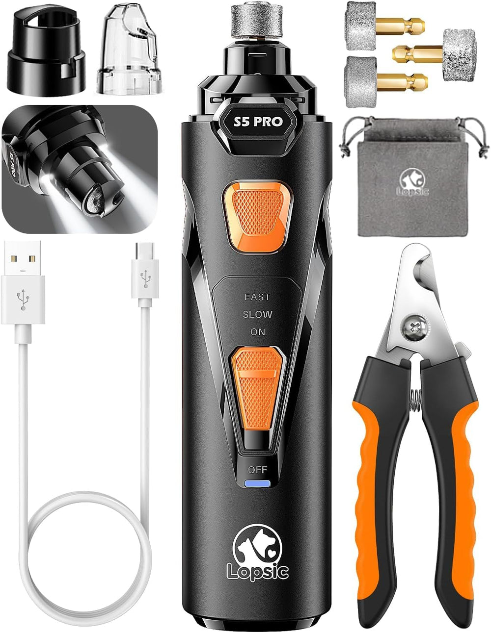 LOPSIC dog nail grinder with two LED lights for precise trimming and quick visibility.