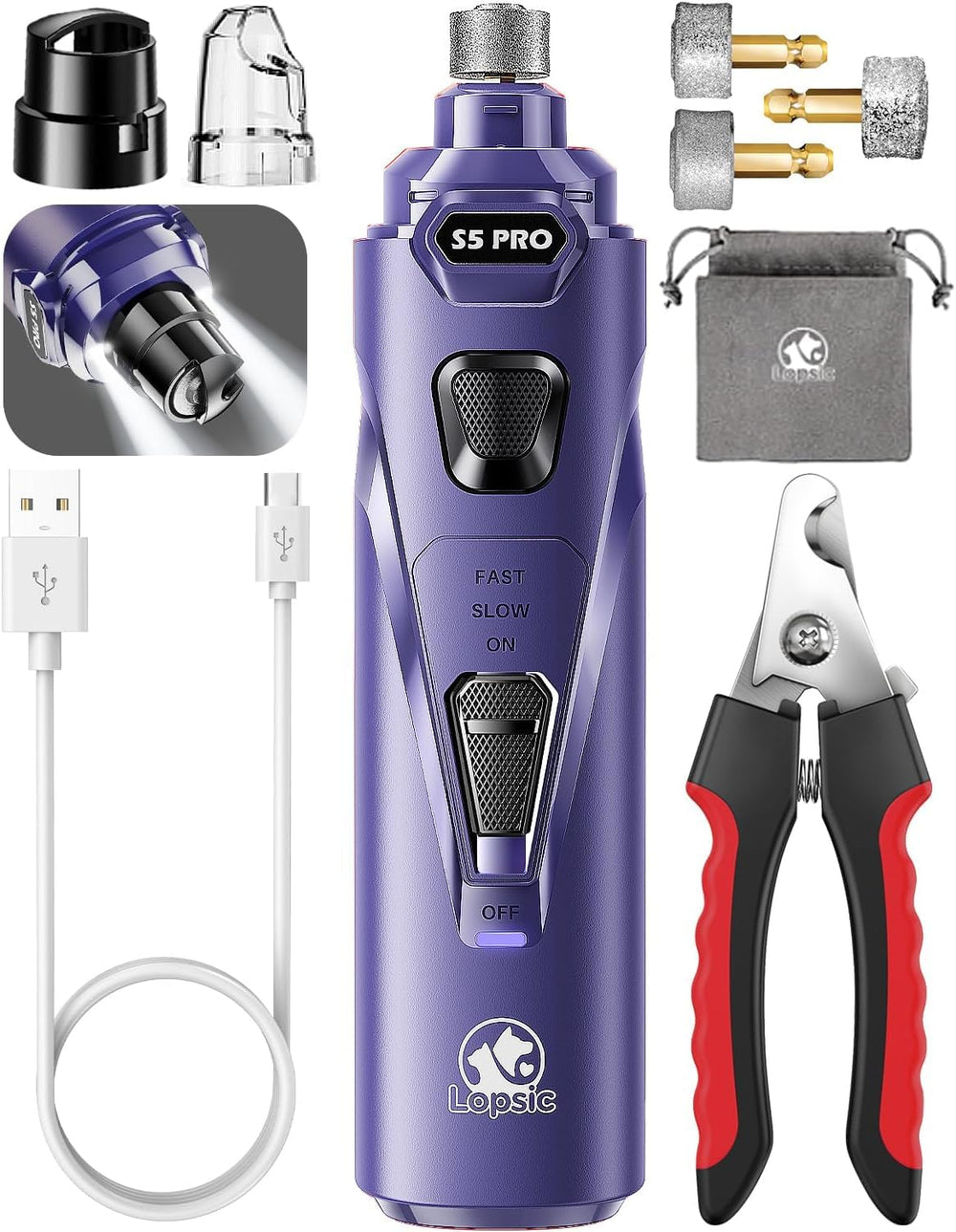 LOPSIC dog nail grinder with LED lights for precise visibility during trimming