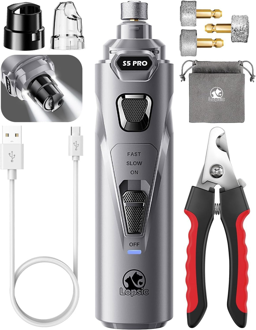 LOPSIC dog nail grinder with LED lights improves precision during at-home trims