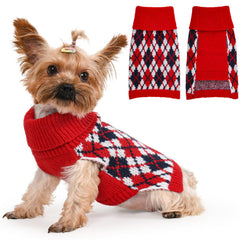 Lorehelina dog sweater knit turtleneck plaid front view for cozy winter warmth.