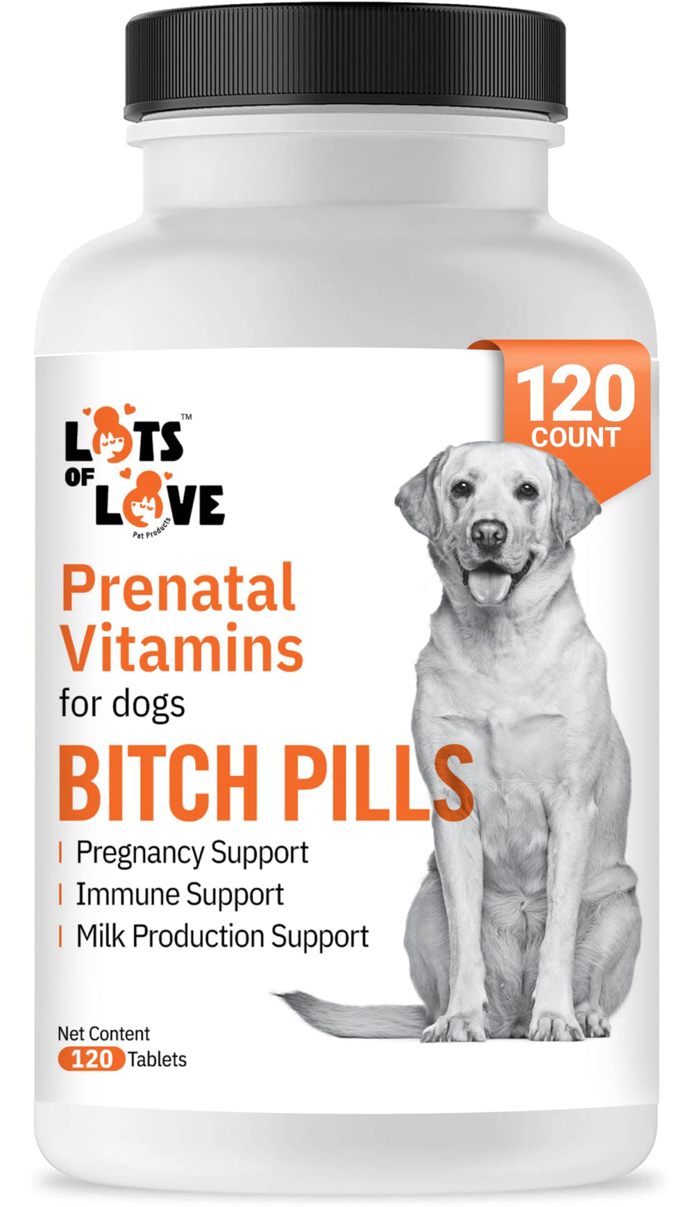 Lots of Love Bitch Pills bottle front shows prenatal nutrients for pregnant or nursing dogs.