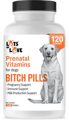 Lots of Love Bitch Pills bottle front shows prenatal nutrients for pregnant or nursing dogs.