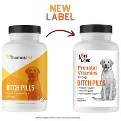 Lots of Love Bitch Pills bottle label close-up highlights vitamins and minerals for healthy litters.