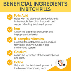 Lots of Love Bitch Pills DHA visual underscores brain and vision support in puppies.