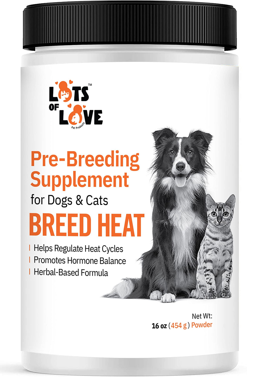 LOTS OF LOVE Breed Heat powder tub shows easy-to-dose packaging for breeding preparation