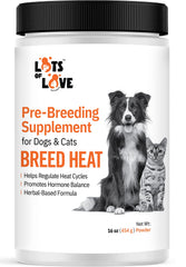LOTS OF LOVE Breed Heat powder tub shows easy-to-dose packaging for breeding preparation