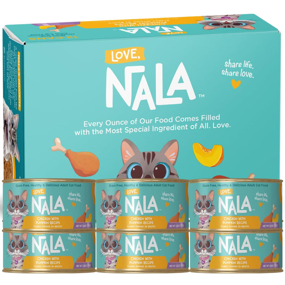 LOVE, NALA flaked-chicken-pumpkin-in-broth bowl highlighting grain-free nutrition.