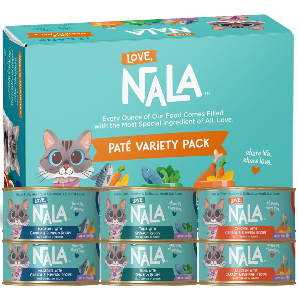 LOVE, NALA pate tuna can close-up highlighting grain-free nutrition for cats