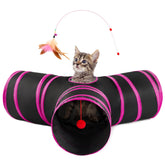 Love's cabin cat tunnel 3-way small, black and rose red, collapsible for indoor play.