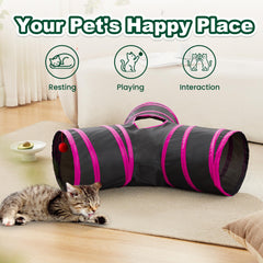 Love's cabin cat tunnel ball-toy exit invites batting and playful romp.