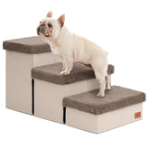 Love's cabin dog stairs beside bed with furry lids for easy pet access.