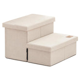 Loves cabin dog stairs storage setup shows integrated boxes for easy pet access.