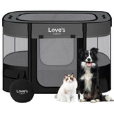Love's cabin pet playpen assembled in grey offers a safe, spacious space for pets indoors or outside