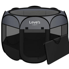 Love's cabin pet playpen folded in carrying case for easy travel.